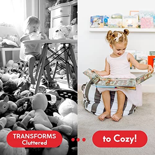 Creative QT Stuff ’n Sit Extra Large 38’’ Bean Bag Storage Cover for Stuffed Animals & Toys, Giant Beanbag Chair for Kids Ages 3-14, Bedroom Organizer, Grey/White Striped — view 5