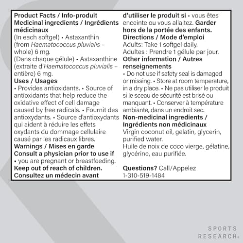 Sports Research® Astaxanthin Supplement from Algae - Softgels for Antioxidant Activity, Skin & Eye Health Support - Made with Coconut Oil, Non-GMO Verified & Gluten Free - 6mg, 120 Count — view 7