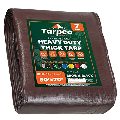 Tarpco Safety Heavy Duty 7 Mil Tarp Cover, Waterproof, UV Resistant, Rip and Tear Proof, Poly Tarpaulin with Reinforced Edges for Roof, Camping, Patio, Pool Cover, Boat (Brown/Black 50′ X 70′)