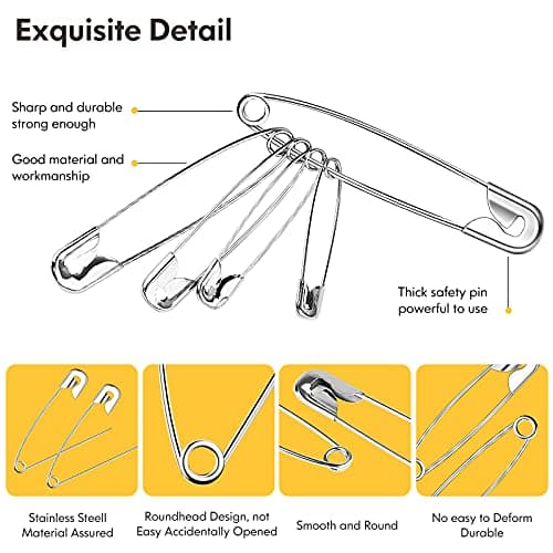 Huhuhero 160Pcs Safety Pins, Large & Small Safety Pins for Clothes Sewing Craft, 5 Assorted Sizes Sharp Edge Pins Bulk, Art and Craft Supplies (Sliver) — view 3
