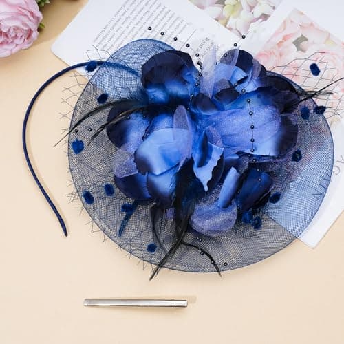 Haakong 20s Fascinators Hat for Women Tea Party Headpiece Mesh Feathers Hair Clip for Bridal Wedding (Dark Blue) — view 6