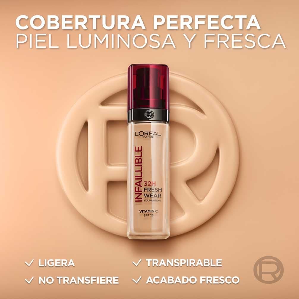 L'Oréal Paris, Base de maquillaje Líquida Infaillible 32h Fresh Wear, Para todo tipo de piel, Larga duración, cool rose, 30 ml — view 3
