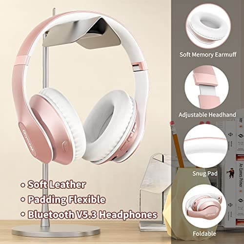 Glynzak Wireless Bluetooth Headphones Over Ear 65H Playtime HiFi Stereo Headset with Microphone and 6EQ Modes Foldable Bluetooth V6.0 Headphones for Desktop Computer Laptop Rose Gold — view 3