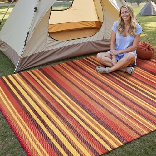 WondRg Outdoor Rug Patio Mat 5x8 Waterproof Plastic Straw Red Orange Stripe Tapis Exterieur for Camping Picnic Deck Washable Outside Carpet Balcony Backyard Porch RV Portable Reversible Lightweight — view 2