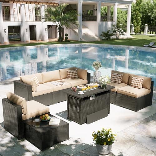 Aoxun Patio Furniture Set with Fire Pit Table, 8 Piece Outdoor Sectional Sofas, Wicker Rattan Outdoor Furniture with Thickened Cushion for Backyard, Garden Beige — view 7