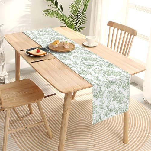 Heyfary Chinoiserie Easter Table Runner Toile de Jouy Vintage Green and White Bunny Spring Party Decoration Home Kitchen Dining Room Table Decor (Green, 13" x 72") — view 3
