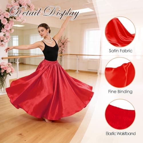 ZLDPQ 4PCS Satin Maxi Skirt for Women Circle Dance Skirts Ankle Length Long Skirt Women for Flamenco Belly Dance Party, Red, One Size — view 4