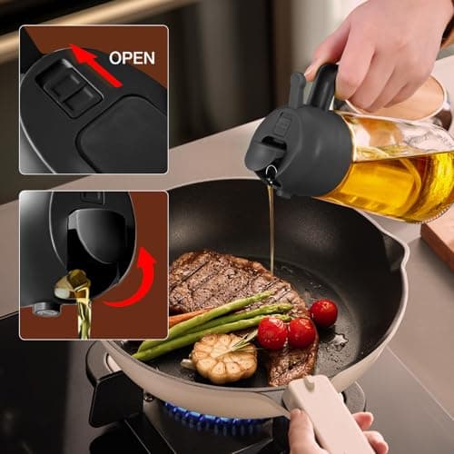YARRAMATE 16oz/470ml Glass Olive Oil Sprayer for Cooking with Stickers, 2 in 1 Oil Dispenser for Kitchen Gadgets, Food Grade Premium Spray Bottle with Portion Control for Salad, Frying, BBQ (Black) — view 6