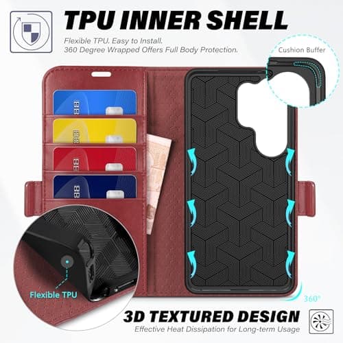 TUCCH Wallet Case for Galaxy S26 Ultra (6.9") 2026, 4 Card Slots, Dark Red — view 6