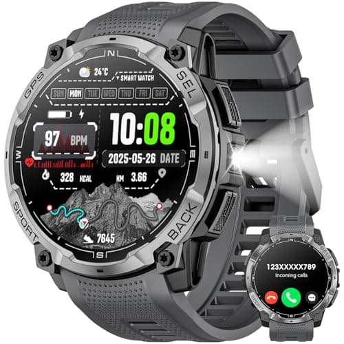 Military Smart Watch for Men with GPS, 1.43" AMOLED Bluetooth Call, LED Flashlight, Rugged Tactical Watch for Android iOS, 3ATM Waterproof Fitness Tracker with Heart Rate Pedometer