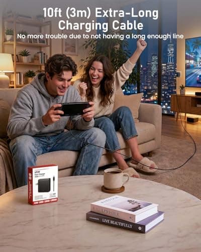 Switch 2 Charger with 10ft USB Cable, Bemkiru 65W Foldable AC Power Adapter Fast Charger for Nintendo Switch 2/1, Supports Docked TV Mode, Long Charging Cable for Couch/Bed Gaming — view 3