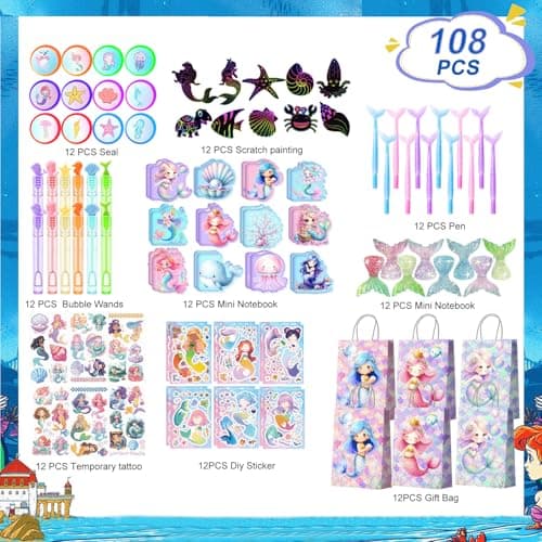 Mermaid Birthday Party Favors Bags Fillers, 108pcs Mermaid Goodie Bags Scratch Painting Bubbles Mini Notebooks Temporary Tattoo etc Mermaid Party Decorations Supplies