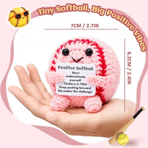 Mini Funny Positive Pink Softball Gifts for Girls, Knitted Wool Softball Crochet Toy with Positive Card, Cute Emotional Support Cheer Up Keepsake Gift for Kids Girls Women Friends Sister College — view 3