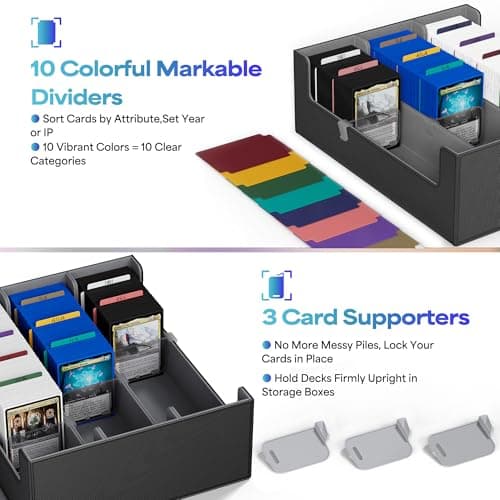 UAONO Trading Card Storage Box, Holds 1800+ Sleeved Cards with 10 Dividers & 3 Stoppers, Card Organizer for TCG/Magic/Mtg storage and Collection, 3-Row Black&Gray — view 3