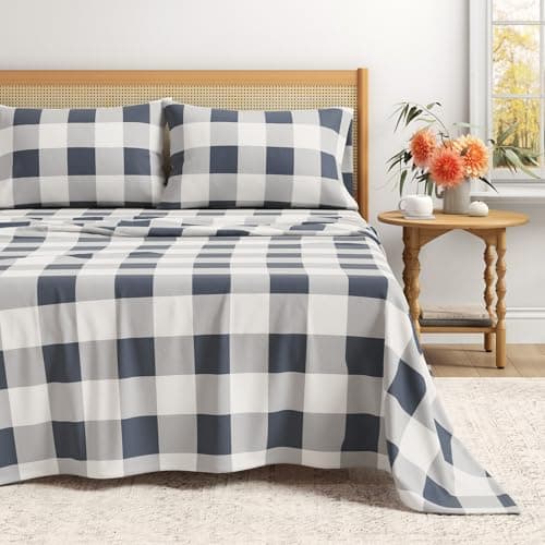 Extra Soft Buffalo Check 100% Turkish Cotton Flannel Sheet Set. Warm, Cozy, Lightweight, Luxury Winter Bed Sheets. Belle Collection (Queen, Navy)