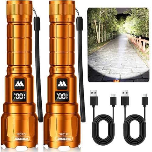 Wdtpro LED Rechargeable Flashlight 2 Pack, 3 Modes Super Bright High Lumens Flashlights, Zoomable Tactical Flash Light with LCD Display, IP65 Waterproof Flashlights for Home Emergency Camping - Orange