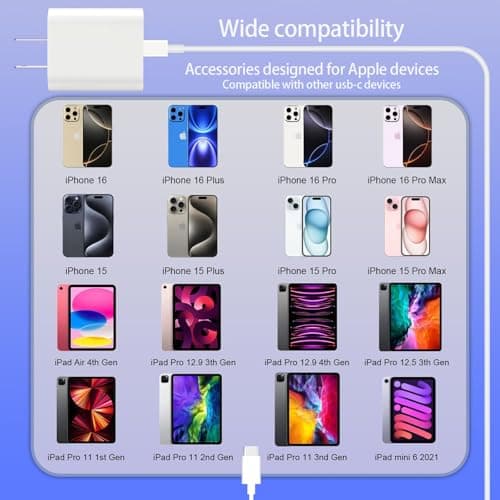 10ft Cable for Apple iPhone 16 15 Pro Max Charger Fast Charging iPad AirPods 4 (USB-C), 20w Type C Blcok 10-ft Long USB C to C Cord White 1Pack — view 6