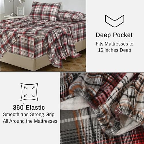 RUVANTI Flannel Sheets Full Size - 100% Cotton Double Brushed Bed Sheets Set, Deep Pockets 16 Inches, All Seasons Breathable & Extra Soft Full Sheets, Warm & Cozy, 4 Piece, Halloween Check — view 5