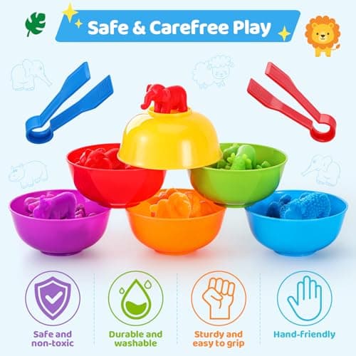 Counting Animals Matching Game for Toddlers, Montessori Sorting & Counting Toy with 36 Animal, 6 Sorting Bowls, 2 Tweezers and Storage Bucket, Fine Motor Preschool Learning Gift,Learning Activities — view 4
