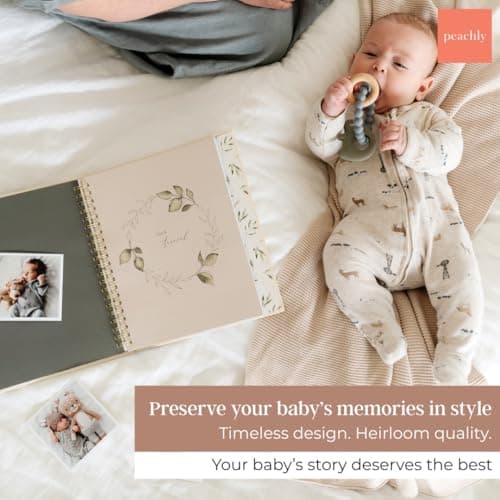 Peachly Unisex Memory Book | Minimalist First Year Keepsake for Milestones | Books First Year Memory Book | Simple Scrapbook for Boy Girl Milestones | Natural Linen - Olive — view 2