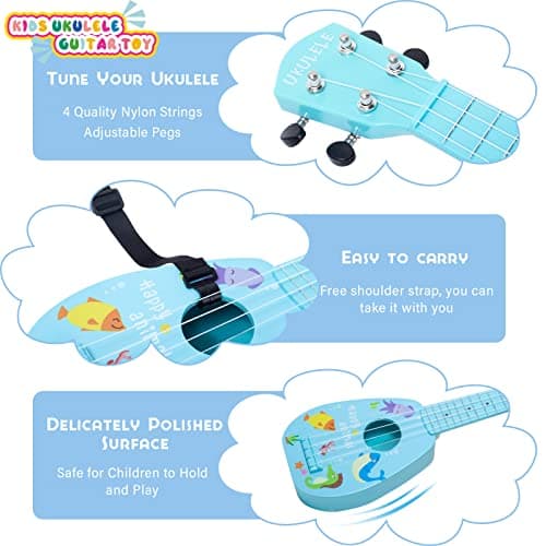 17 Inch Mini Guitar Ukulele Toy for Kids,Plastic Sear World Cartoon Children Educational Learn Guitar Ukulele with The Picks and Strap Can Play Musical Instruments Toys