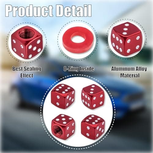 MEAJOO 4PCS Dice Style Tire Valve Stem Caps, with O Rubber Ring, Universal Aluminium Alloy Dustproof Tire Valve Stem Covers for Cars, SUV, Trucks, Bikes, Motorcycles, Bicycles(Red) — view 2