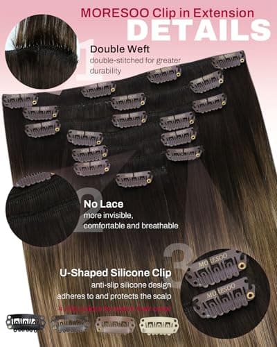 Moresoo Hair Extensions for Women Clip in Human Hair Ombre Dark Brown to Dark Ash Blonde with Golden Blonde Clip in Hair Extensions for Women Double Weft Clip Hair Extensions 20 Inch 7 Pcs 120G — view 3