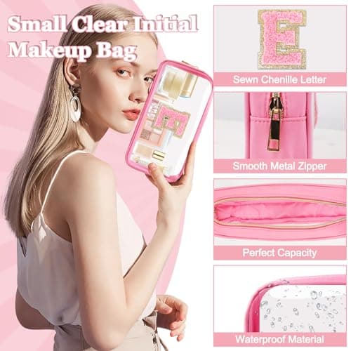 Mini Clear Personalized Initial Makeup Bag, Nylon Preppy A-Z Chenille Letter Patch Zipper Cosmetic Bag, Small Cute Pouch Travel Coin Purse Toiletry Bag, Small-Pink, E, Preppy, Personalized — view 2