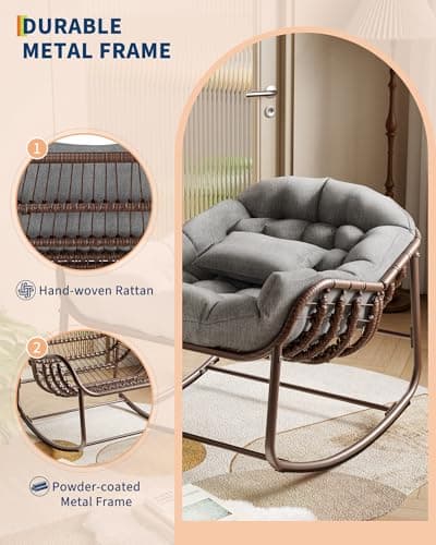Garvee Oversized Outdoor Rocking Chair, Comfy Papasan Rocker, Egg Chair Rocker Fauteuil Bercant interieur for Patio, Garden, Bedroom, Porch, Lawn, Gray — view 3