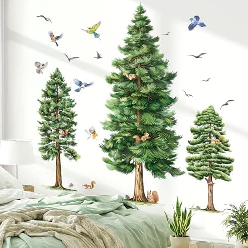 wondever Large Pine Tree Wall Stickers Watercolor Woodland Tree Birds Peel and Stick Wall Art Decals for Living Room Bedroom Baby Nursery