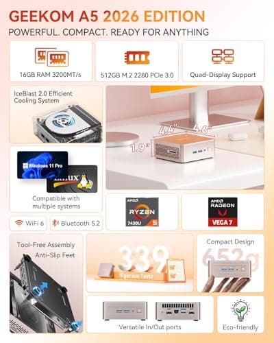 GEEKOM A5 Mini PC Business (Ultra Quiet/Low Power), AMD Ryzen 7430U, 16GB RAM(64GB Max), 512GB SSD, Windows 11 Pro Business Desktop, 8K Quad Display Idea Video Editing Trading/Home Server/Light Gaming