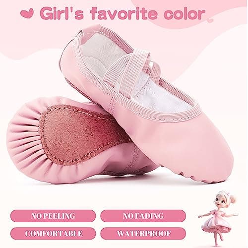 Gorchnc Ballet Shoes for Girls Toddlers Leather Dance Shoes Full Cowhide Sole Ballet Flats Ballet Slippers with Elastic Crossbands Pink — view 2