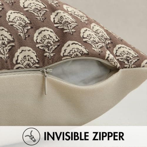MIULEE Set of 2 Decorative Floral Throw Pillow Covers Neutral Vintage Fall Block Print Boho Farmhouse Cushion Covers for Modern Home Decor Couch Sofa Bed Living Room, 18x18 Inch, Chocolate Brown — view 3