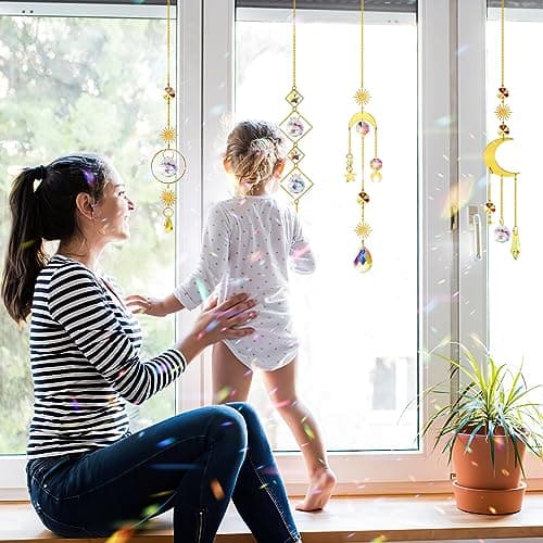 Sun Catchers Indoor Window - 4Pcs Colorful Crystal Suncatchers with 4Pcs PVC Suction Cup Hooks, Hanging Suncatcher for Window with Chain Pendant Ornament, Prism Suncatcher for Home Garden Decoration — view 3