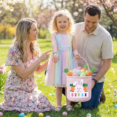 OXYEFEI Easter Baskets for Kids,Pink Embroidered Reusable Empty Bunny Egg Personalized Easter Basket with Bracelet for Party Gifts (Pink) — view 8