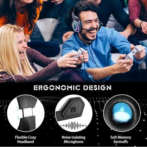 Gaming Headset with Mic for Xbox One PS4 PC Switch Tablet Smartphone, Headphones Stereo Over Ear Bass 3.5mm Microphone Noise Canceling 7 LED Light Soft Memory Earmuffs(Free Adapter) — view 6