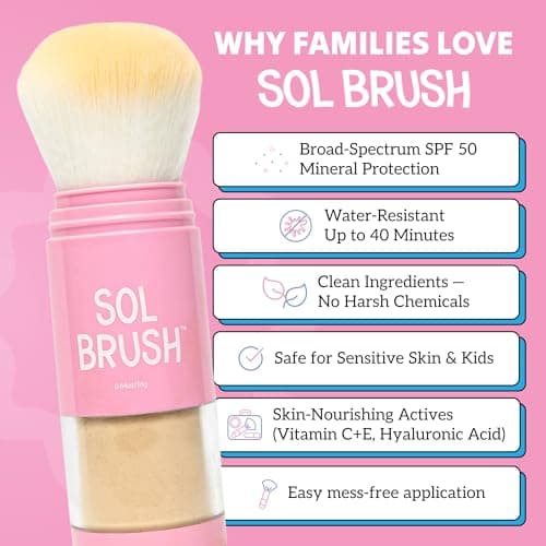 Sol Brush SPF 50 Mineral Sunscreen Powder, Broad Spectrum UVA/UVB Protection Sunscreen, Mess Free Brush On Applicator, Clean & Cruelty Free, Water Resistant (80 Minutes), Pink, Fair — view 2
