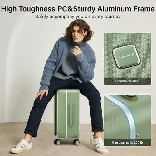 Hanke 28 Inch Checked Luggage with Cup Holder and USB Ports, Top Opening Hard Shell Suitcase with Wheels, Aluminum Frame Large Trunk Luggage with Foldable Divider & TSA Lock for Travel, Bamboo Green — view 6
