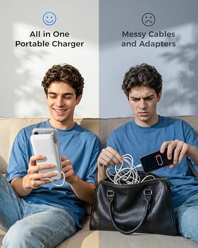 VEGER Portable Charger with Built-in AC Plug and Cables, All in One 10000mAh Ultra Slim Power Bank Travel Essentials, USB C External Battery Pack Compatible with iPhone, Samsung, More, White — view 5