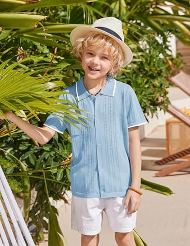 Arshiner Boys Button Down Shirt Short Sleeve Knit Shirt Summer Vintage Fashion Casual Beach Shirts for Kids 3-14 Years Light Blue — view 3