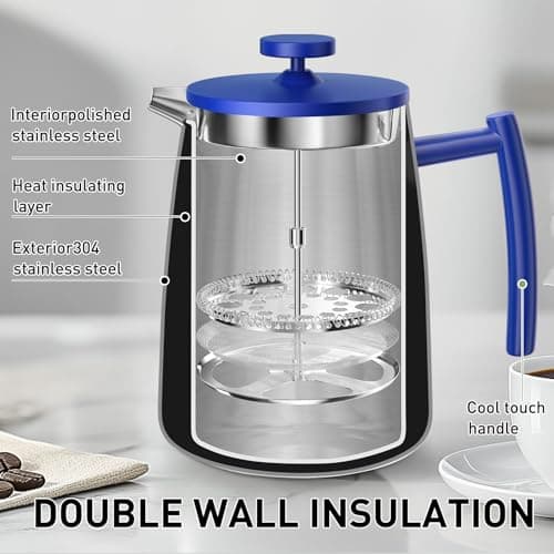 Secura 50oz French Press Coffee Maker – 304 Stainless Steel, Insulated Coffee Press with Extra Filter, Blue