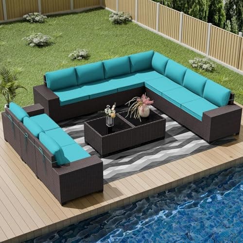 RTDTD 12 PCS Outdoor Patio Furniture Set,Outdoor Sectional Furniture All Weather PE Rattan Wicker Patio Conversation Set with 2 Coffee Tables and 10 Thickened Cushions,Blue