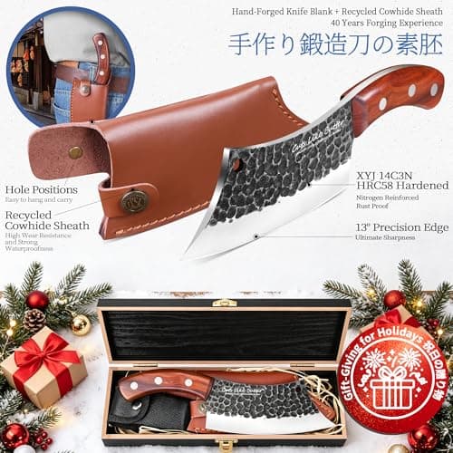 Cuts Like Butter 6.2 Inch Meat Cleaver Butcher Knife with Leather Sheath, Wooden Gift Box, Full Tang High Carbon Steel Japanese Chef Knife for Kitchen Outdoor, Gifts for Women Men Christmas Birthday — view 4