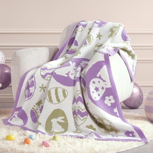 Amélie Home Animal Chenille Throw Blanket for Couch, Bunny and Eggs Knit Throws, Cozy Soft Summer Party Themed Blankets for Sofa, Bed, Gift & Decor, 50"x60", Purple/Green — view 2