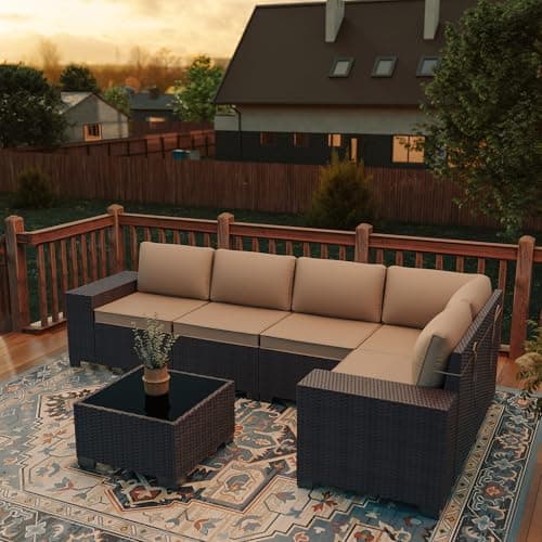 RTDTD 6 PCS Outdoor Patio Furniture Set,Outdoor Sectional Furniture All Weather PE Rattan Wicker Patio Conversation Set with Coffee Table and 5 Thickened Cushions,Brown — view 4