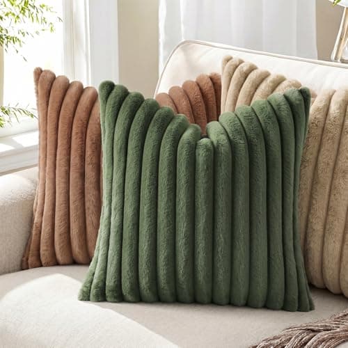 Pallene Faux Fur Plush Throw Pillow Covers 18x18 Set of 2, Luxury Soft Fluffy Striped Decorative Pillow Covers for Sofa, Couch, Living Room, Olive Green — view 5