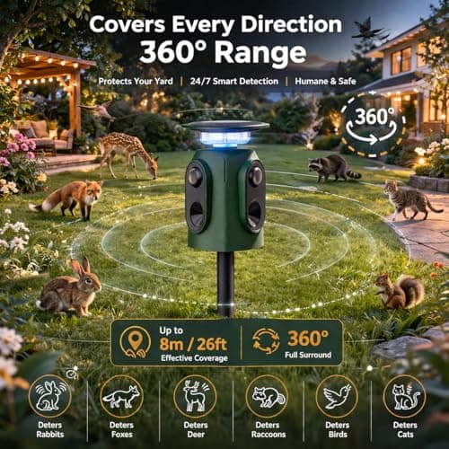 Solar Powered Ultrasonic Animal Repellent Outdoor, 360° PIR Motion Sensor Deterrent with Flashing Light, IP65 Waterproof, Repels Deer, Raccoon, Squirrel, Rabbit, Skunk for Yard, Garden, Orchard, 18kHz — view 2