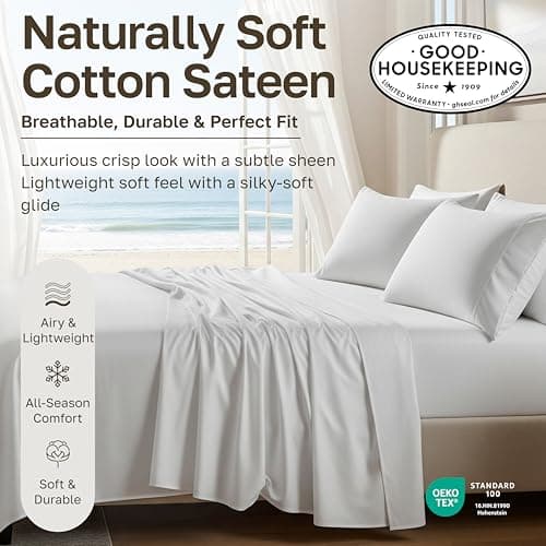 California Design Den 100% Cotton Sheets for Queen Size Bed Sheets with Deep Pocket, Queen Sheet Set with Sateen Weave, Cooling Sheets (White) — view 2