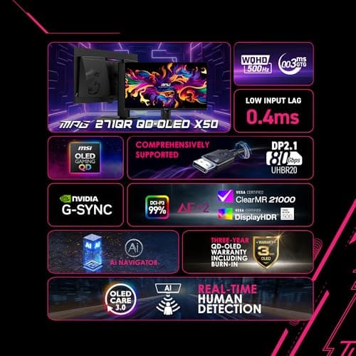 MSI MPG 271QR QD-OLED X50 27-inch 2560 x 1440 (QHD) Gaming Monitor, 500Hz, AMD Adaptive-Sync, HDR Ready, HDMI, VGA Port, VESA Mountable, Tilt, 4-Side Slim Bezel, 0.03ms, Black — view 2