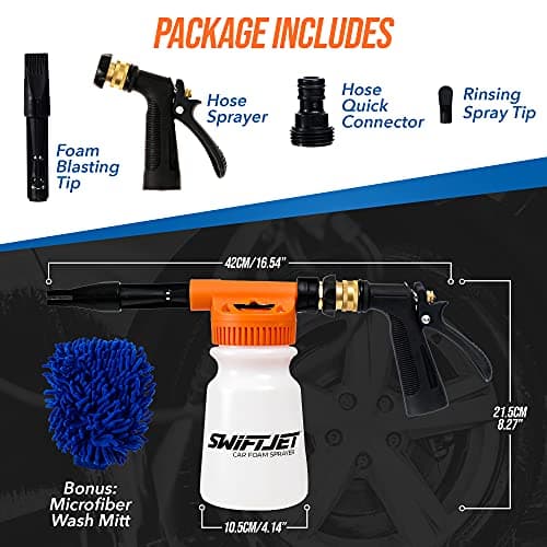 SwiftJet Car Wash Foam Gun + Microfiber Wash Mitt - Foam Cannon Works with Any Soap - Garden Hose Car Foam Sprayer - Car Wash Kit - Car Accessories Foam Blaster (Orange Foam Gun with Mitt)